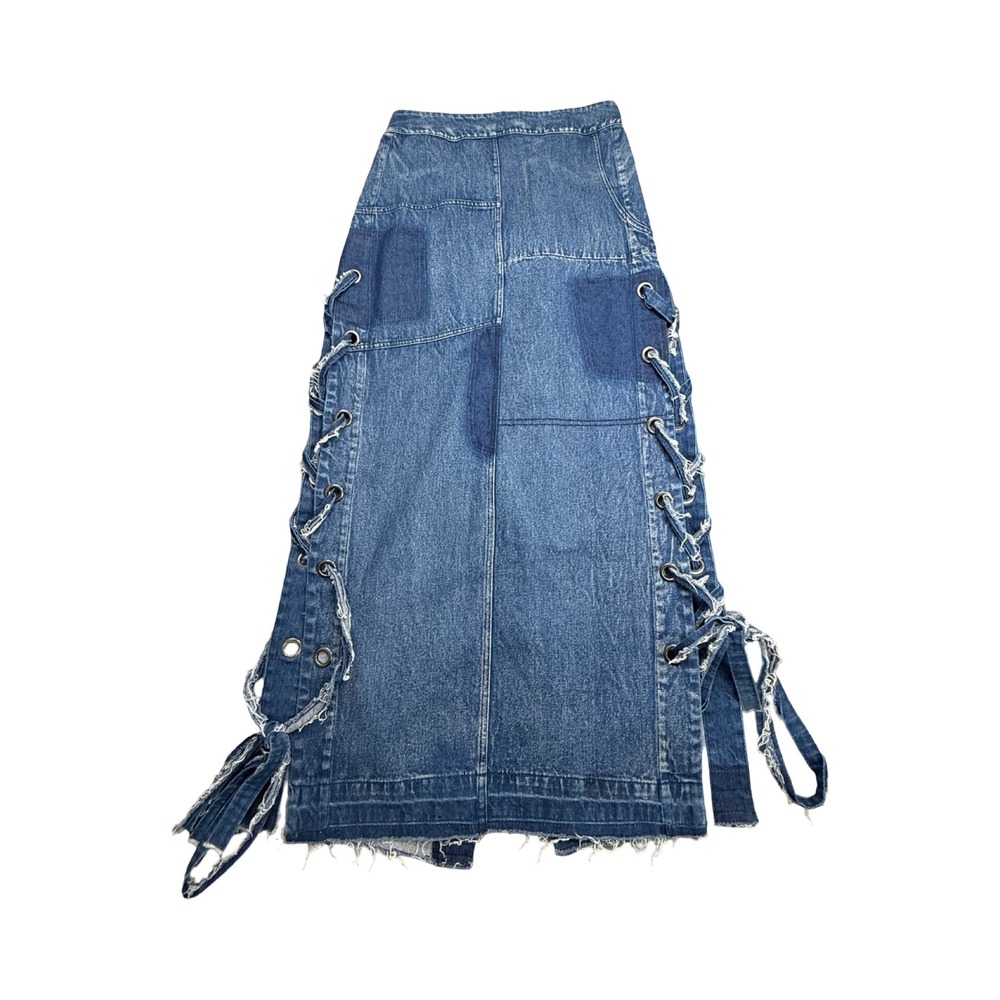 TOV Los Angeles Denim Maxi Skirt Womens 40 Blue Patchwork Lace Up Raw Hem VTG